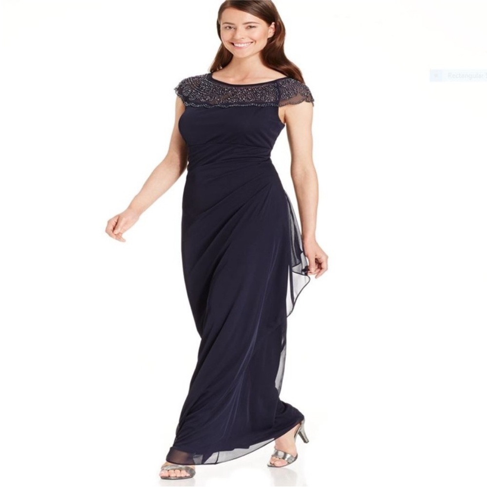 MSK Ruched Navy Dress with Beaded Neckline